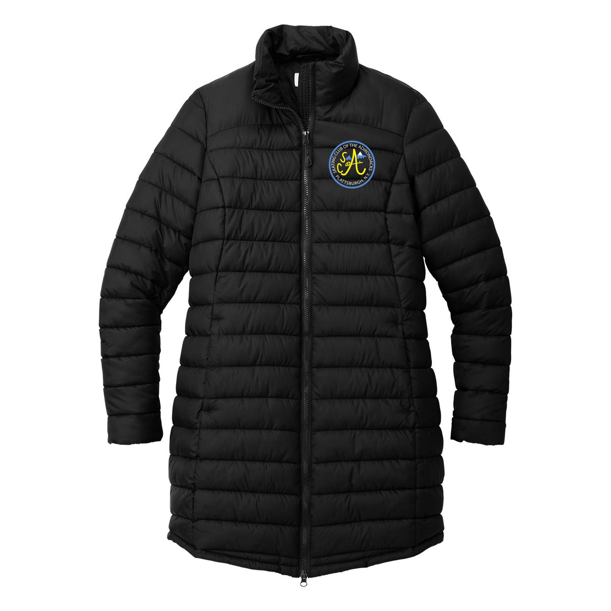 SCA Port Authority Women's Horizon Puffy Long Jacket — Deep Black, Logo 2, front
