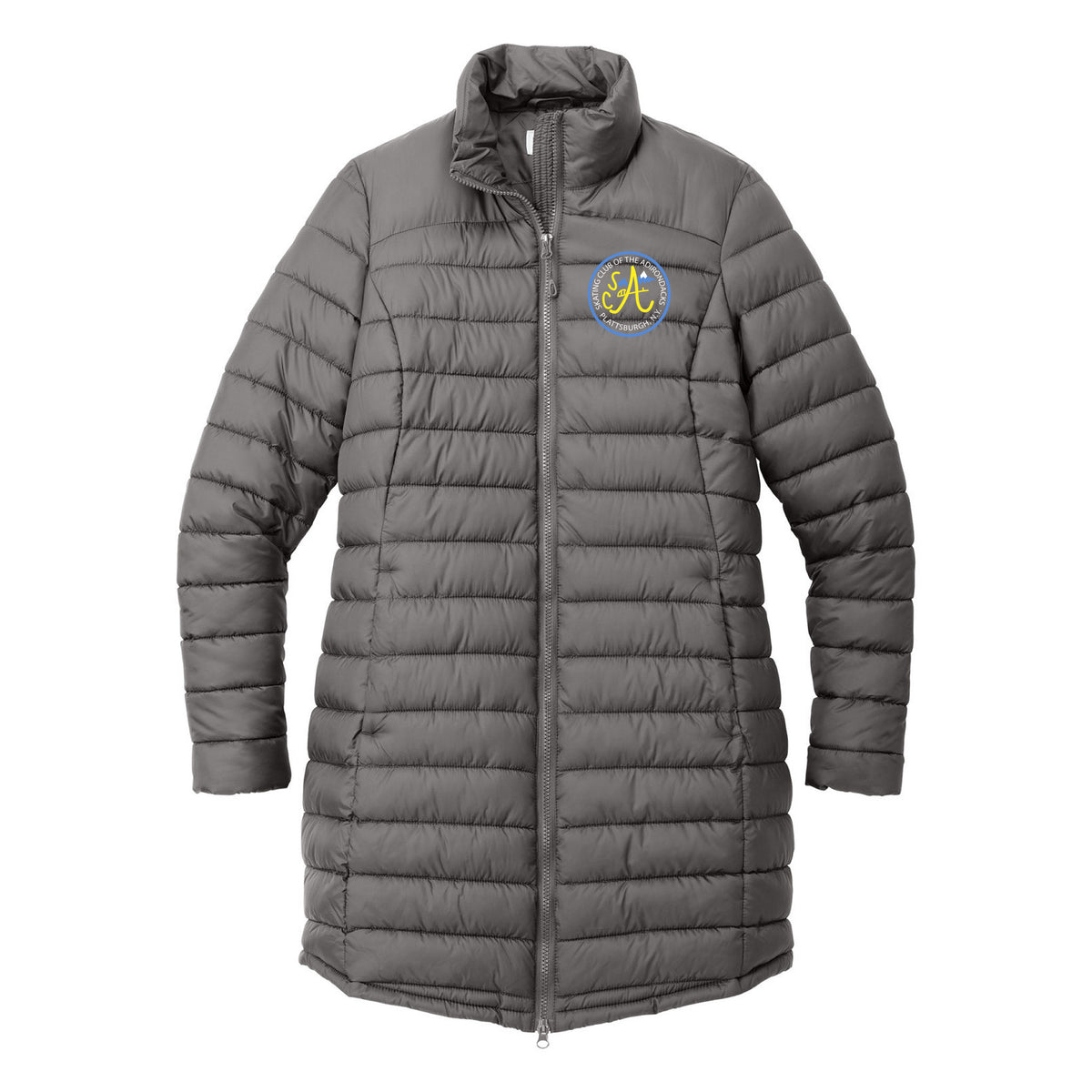SCA Port Authority Women's Horizon Puffy Long Jacket — Deep Smoke, Logo 2, front