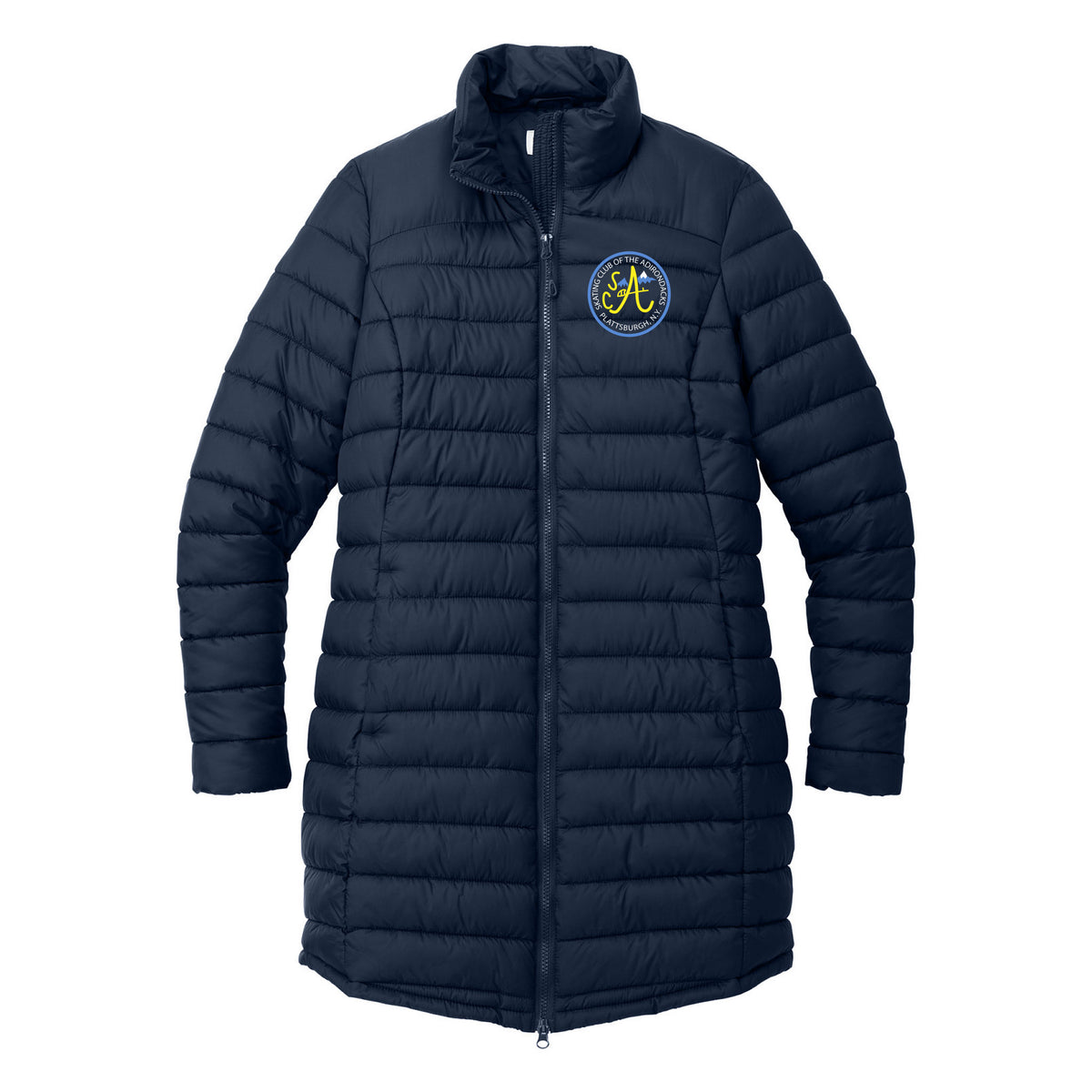 SCA Port Authority Women's Horizon Puffy Long Jacket — Dress Blue Navy, Logo 2, front