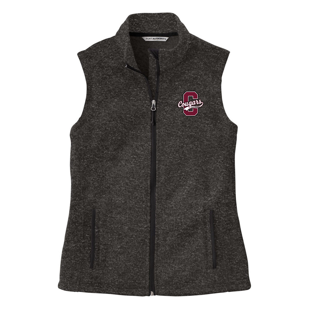 Embroidered Women's Sweater Fleece Vest — Black Heather, C Logo, front