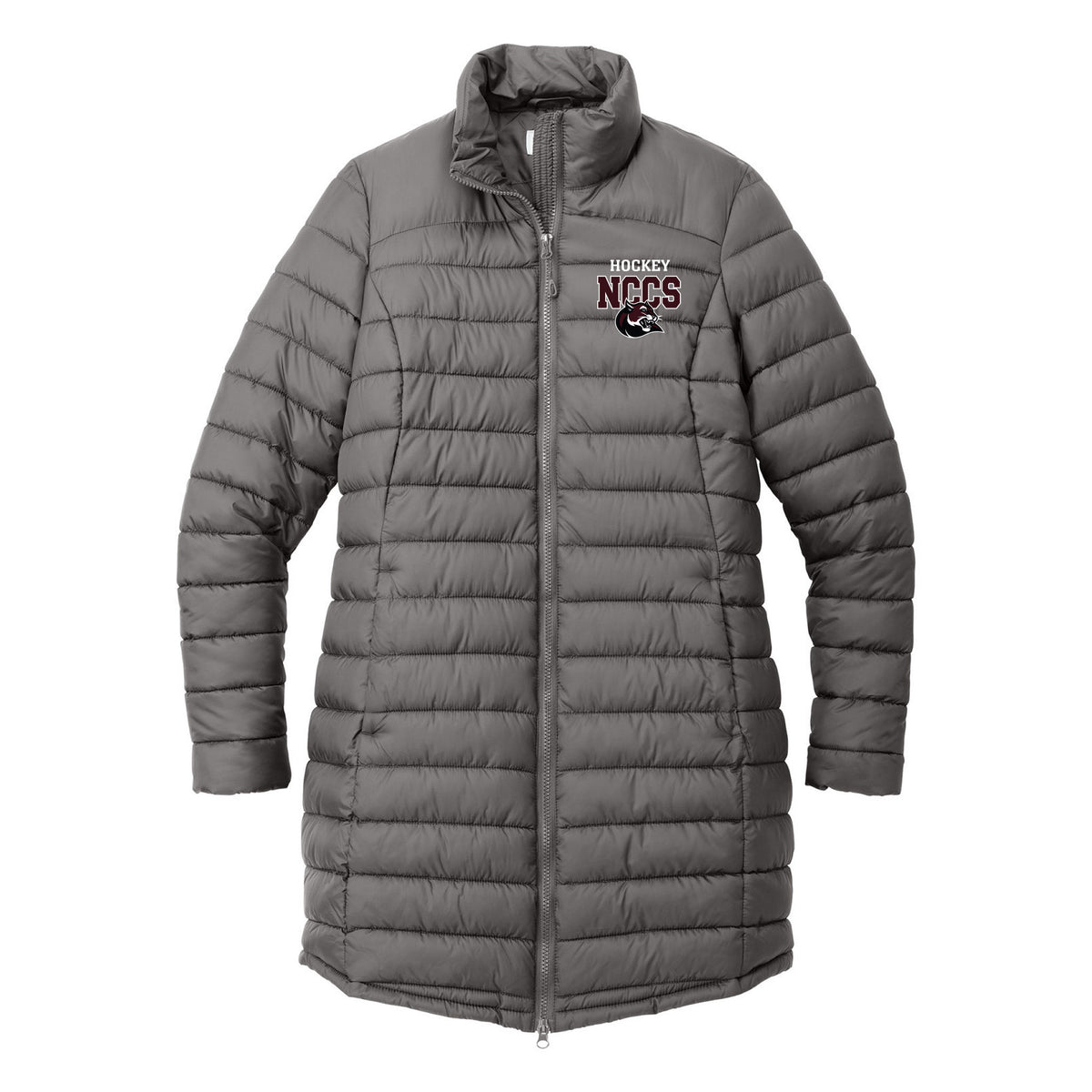 Port Authority Women's Horizon Puffy Long Jacket — Deep Smoke, front