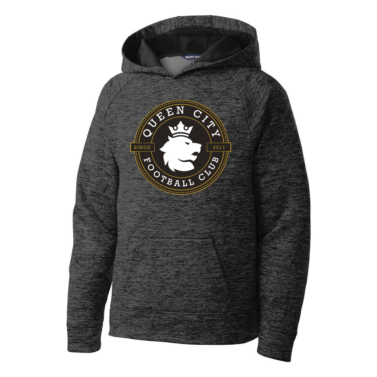 Sport-Tek Youth PosiCharge Electric Heather Fleece Hooded Pullover — Grey-Black Electric, front