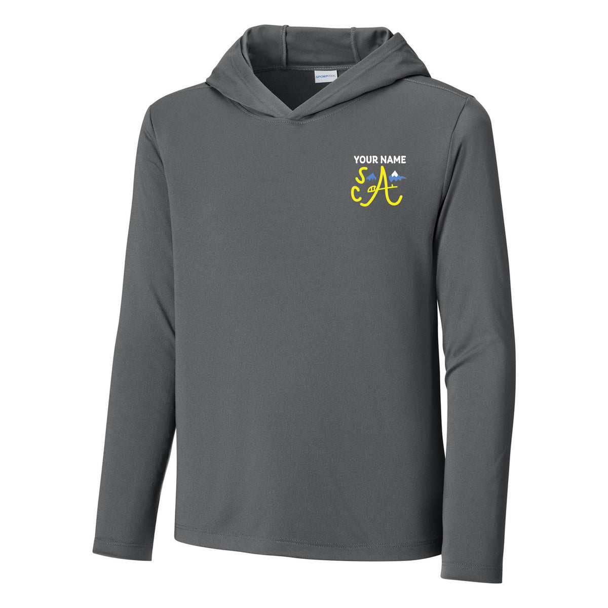 Youth Posi-UV Pro Long Sleeve Hoodie — Dark Smoke Grey, Logo 2, front