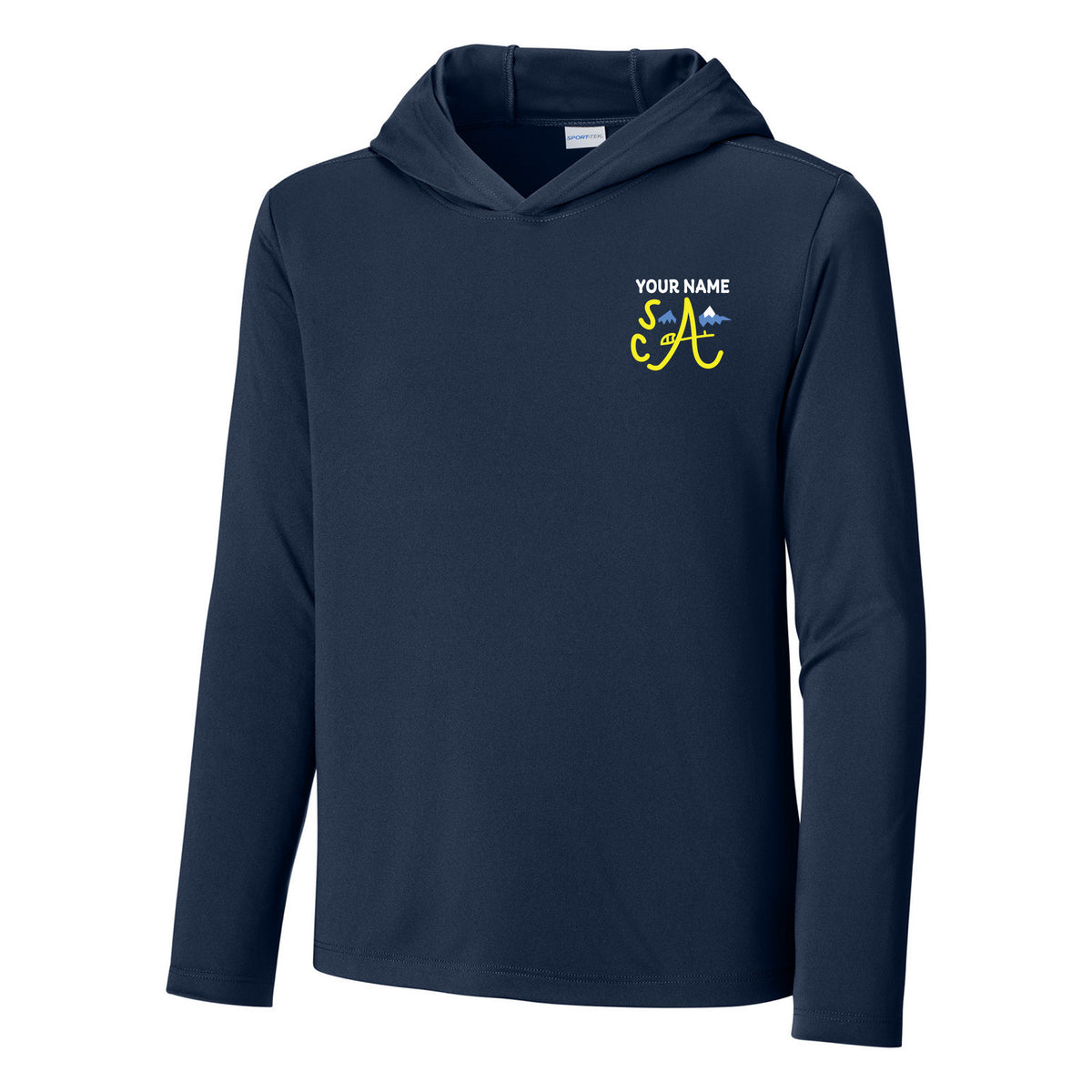 Youth Posi-UV Pro Long Sleeve Hoodie — True Navy, Logo 2, front