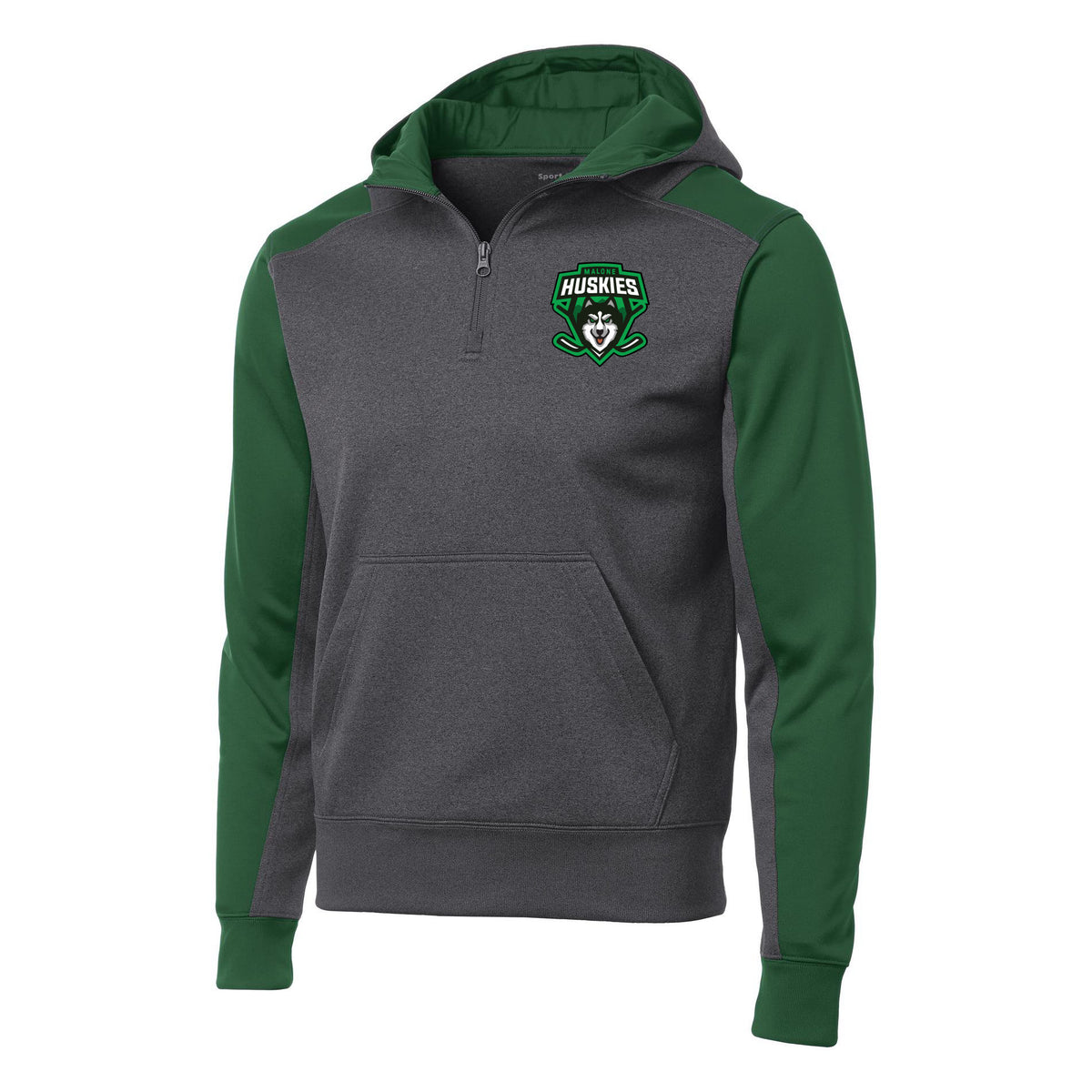 Sport-Tek Tech Fleece Colorblock 1/4-Zip Hooded Sweatshirt — Graphite Heather/ Forest Green, front