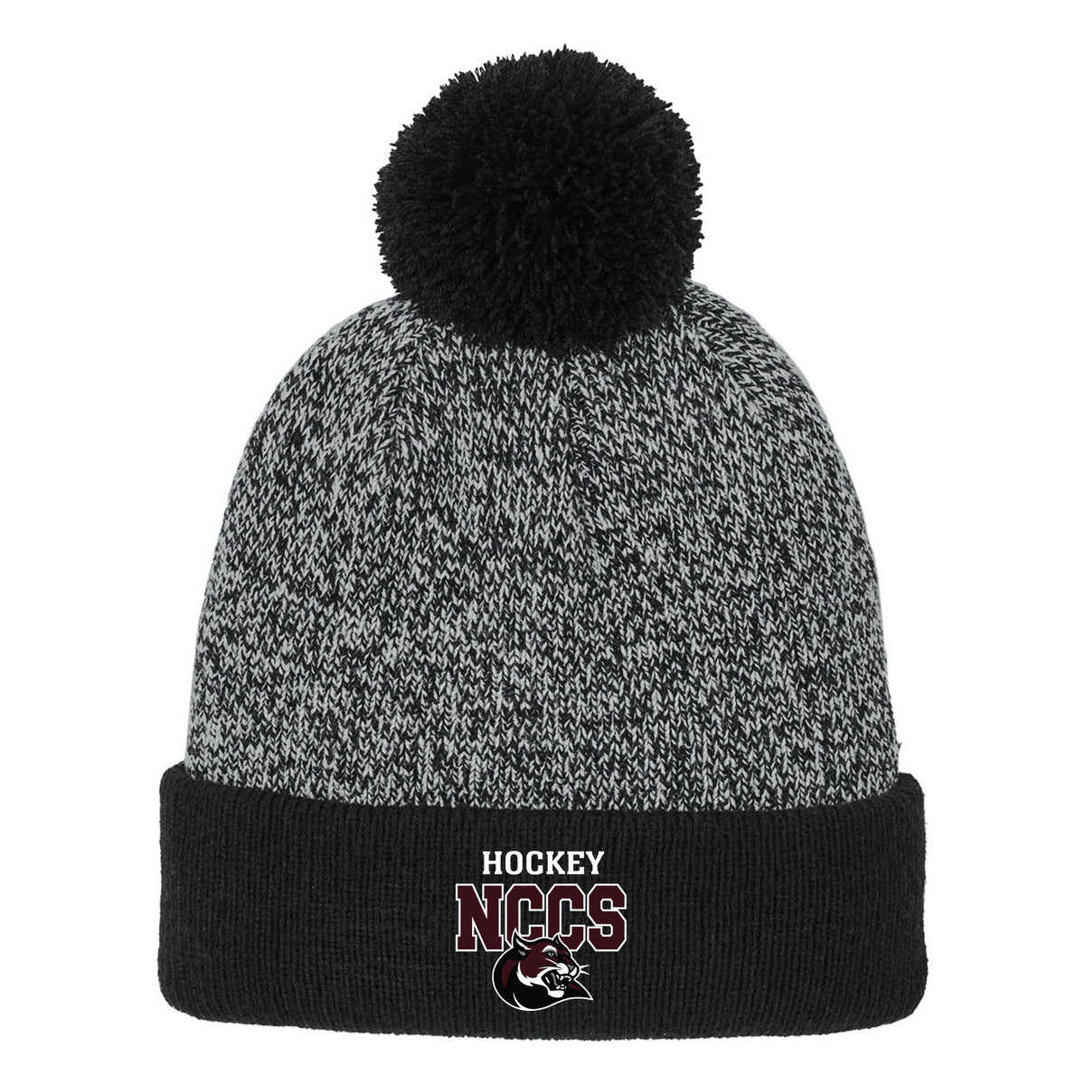 Halftime Heather Pom Beanie — Black/ Silver, Logo 2, front