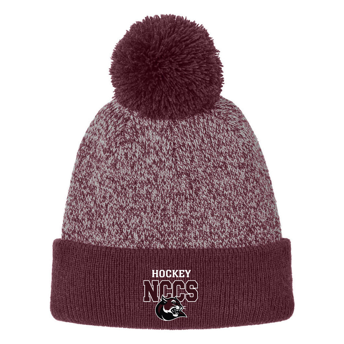 Halftime Heather Pom Beanie — Maroon/ Silver, Logo 2, front